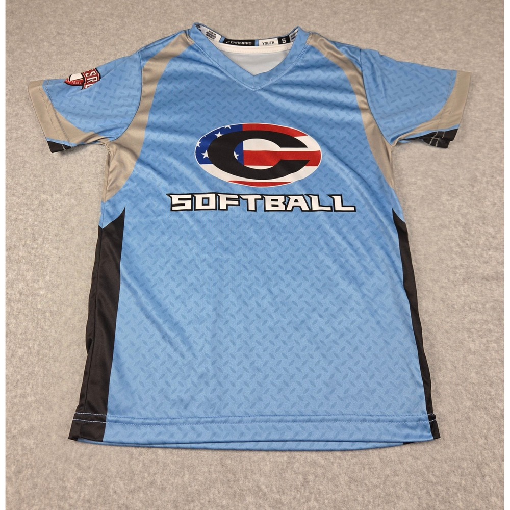 Champro Youth Small Softball Jersey Light Blue Barker Specialty #4 J-MSV1